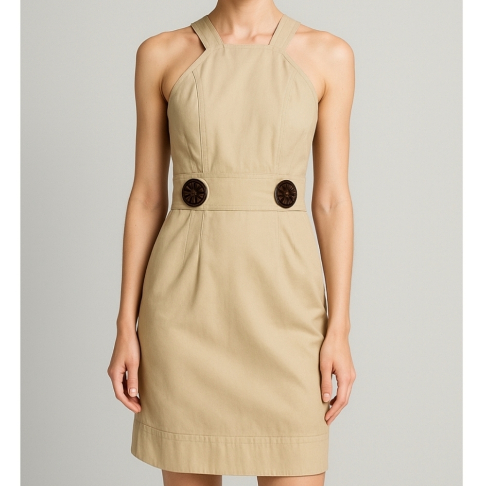 Vintage Milly of New York Khaki Mini Jumper Dress Size 4 Tan Wood Buttons Classi